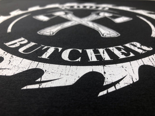 Funny Carpenter T-Shirt, Woodwork Gift Idea, Humorous Wood Butcher Graphic Print Tee Shirt Top Featuring Circular Saw Blade & Pair of Axes