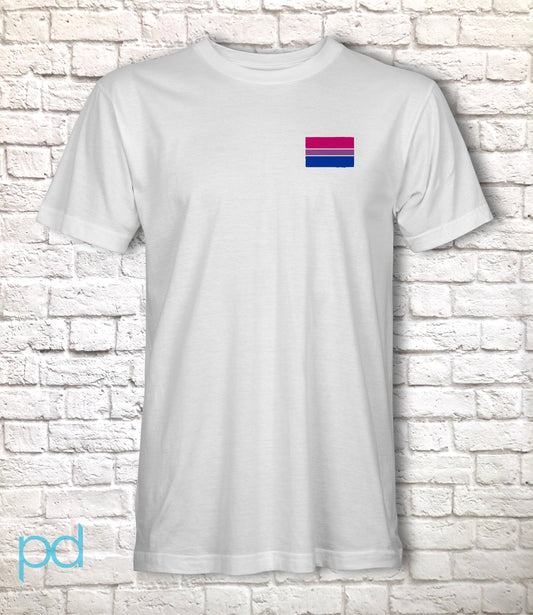 Bi Pride Flag T-Shirt, Subtle Bisexual Left Pocket Chest Tee Top, LGBTQ+ Bisexuality Awareness Stripe Unisex T Shirt
