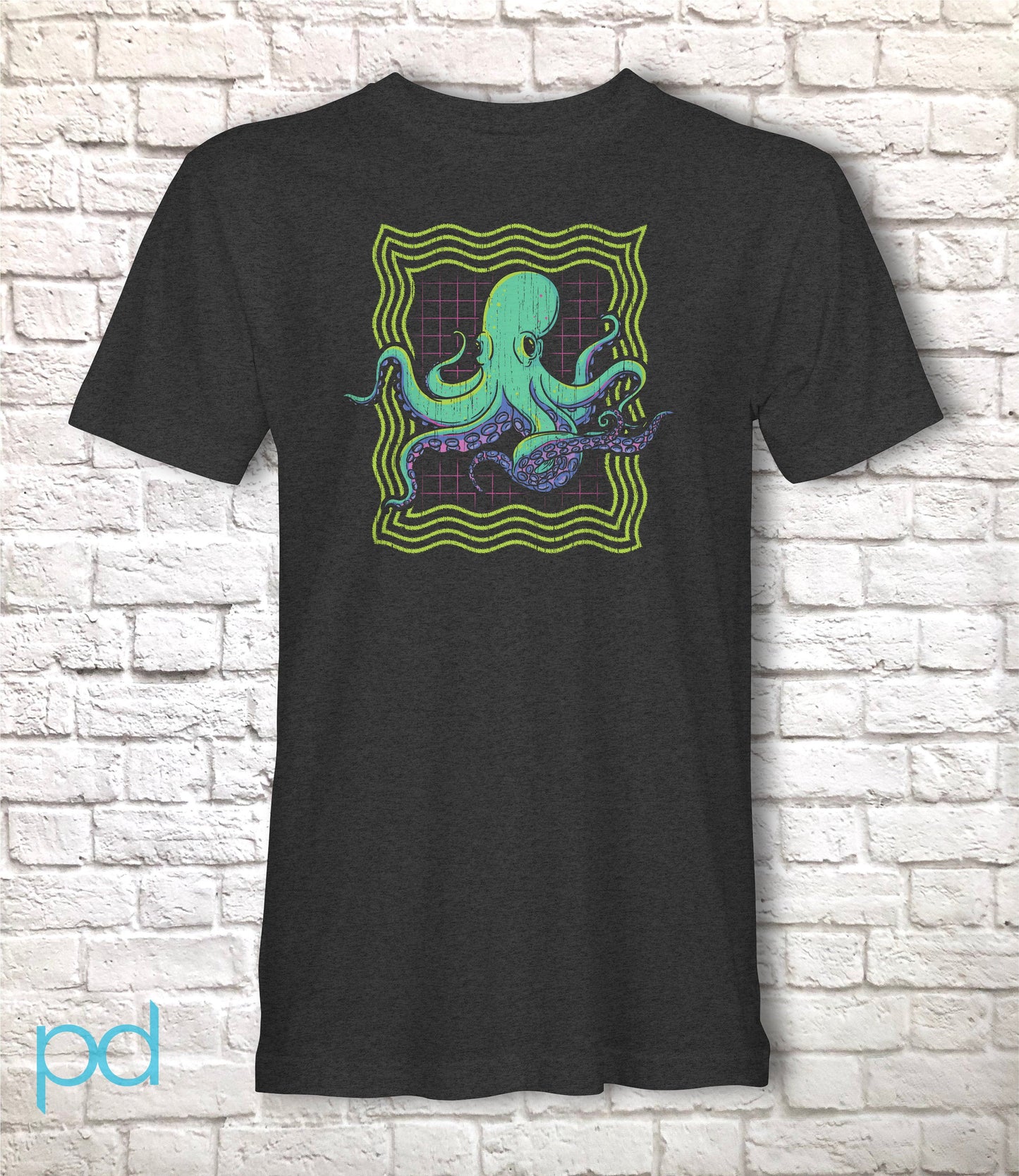 Neon Octopus T-Shirt, Retro 80s Disco Gift Graphic Print Tee Shirt Top