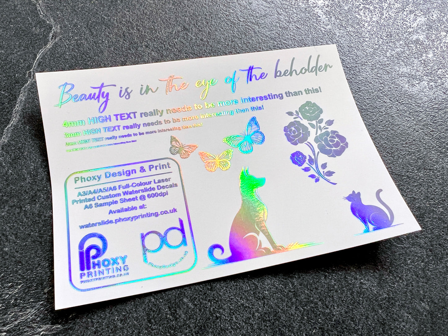 Sample Waterslide Decal Sheet for ANY Colour Surface