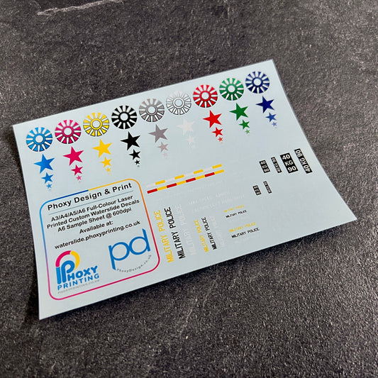 Sample Waterslide Decal Sheet for ANY Colour Surface