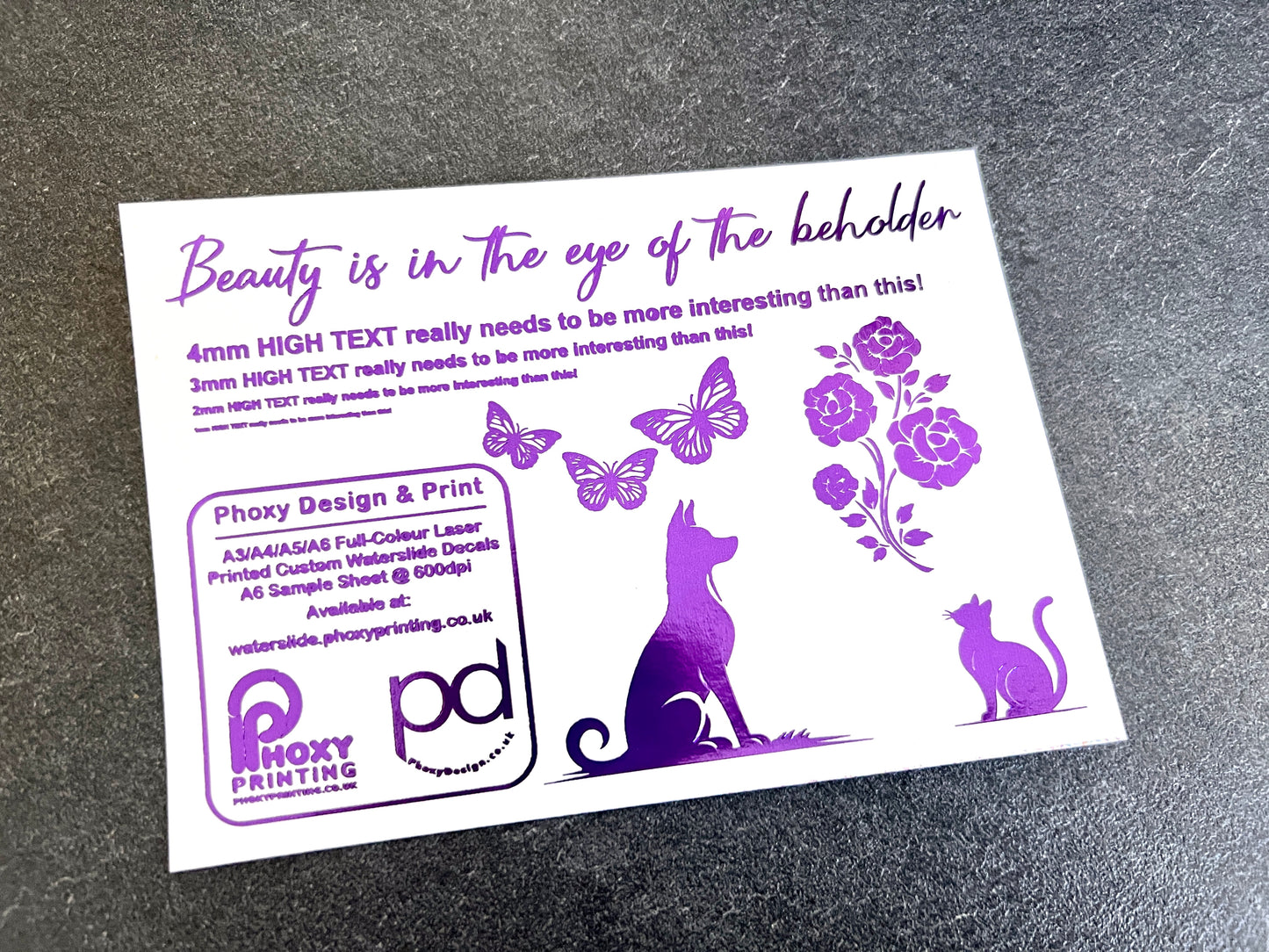 Sample Waterslide Decal Sheet for ANY Colour Surface