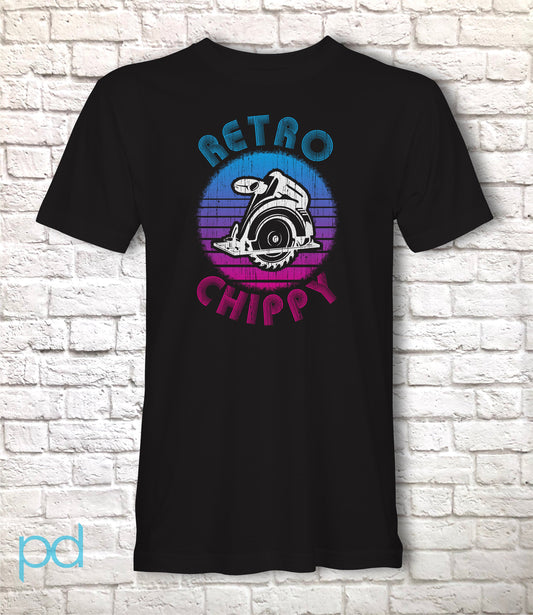 Funny Carpenter T-Shirt, 80s Neon Retro Chippy Gift Idea, Humorous Woodworking Joiner Tee Shirt T Top, Retro Sunset 80s Style
