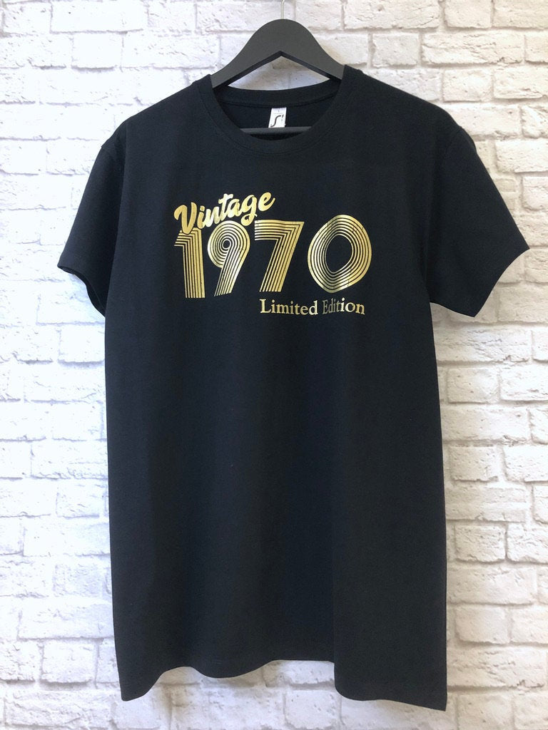 Vintage 1970 T Shirt Metallic Gold or Silver Foil, 51st Birthday Gift T-Shirt in Retro & Vintage Limited Edition 70s style, Unisex Tee Shirt